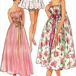 May include: Illustration of three vintage dresses. One is a long pink gown with a gold ribbon. Another is a white babydoll dress with pink floral embroidery. The third is a floral print dress with a pink ribbon.