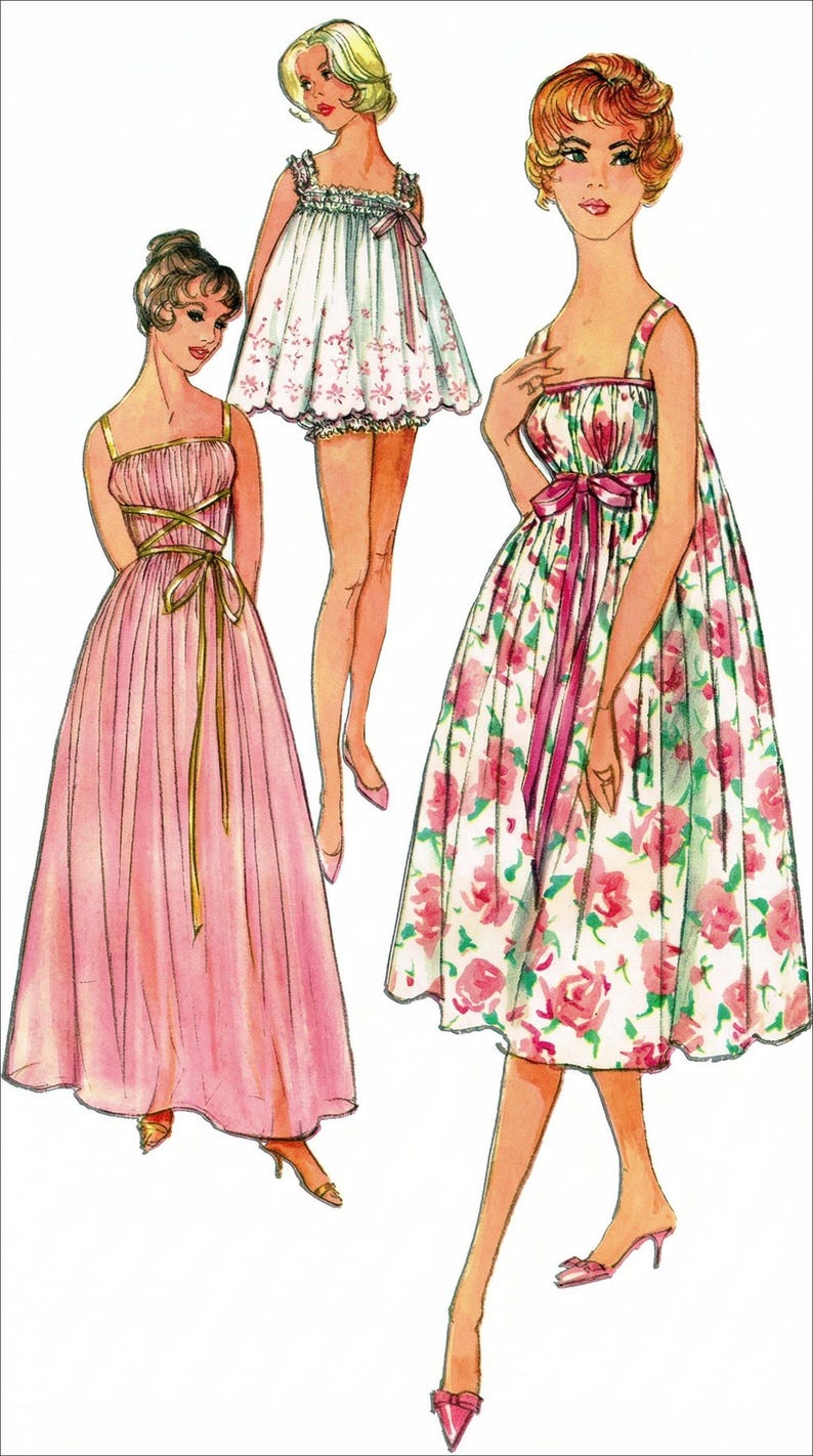 May include: Illustration of three vintage dresses. One is a long pink gown with a gold ribbon. Another is a white babydoll dress with pink floral embroidery. The third is a floral print dress with a pink ribbon.