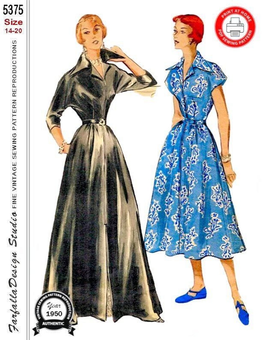 1950-HOSTESS HOUSECOAT-HOUSEDRESS Print-at-home-sewing Pattern-wing ...