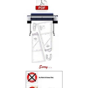 May include: A white image with a large format printer, a PDF icon, and sewing pattern pieces. Text includes "LARGE AO FORMAT PRINTING ONLY" and "Sorry..." with a warning about no print-at-home files and no paper patterns.