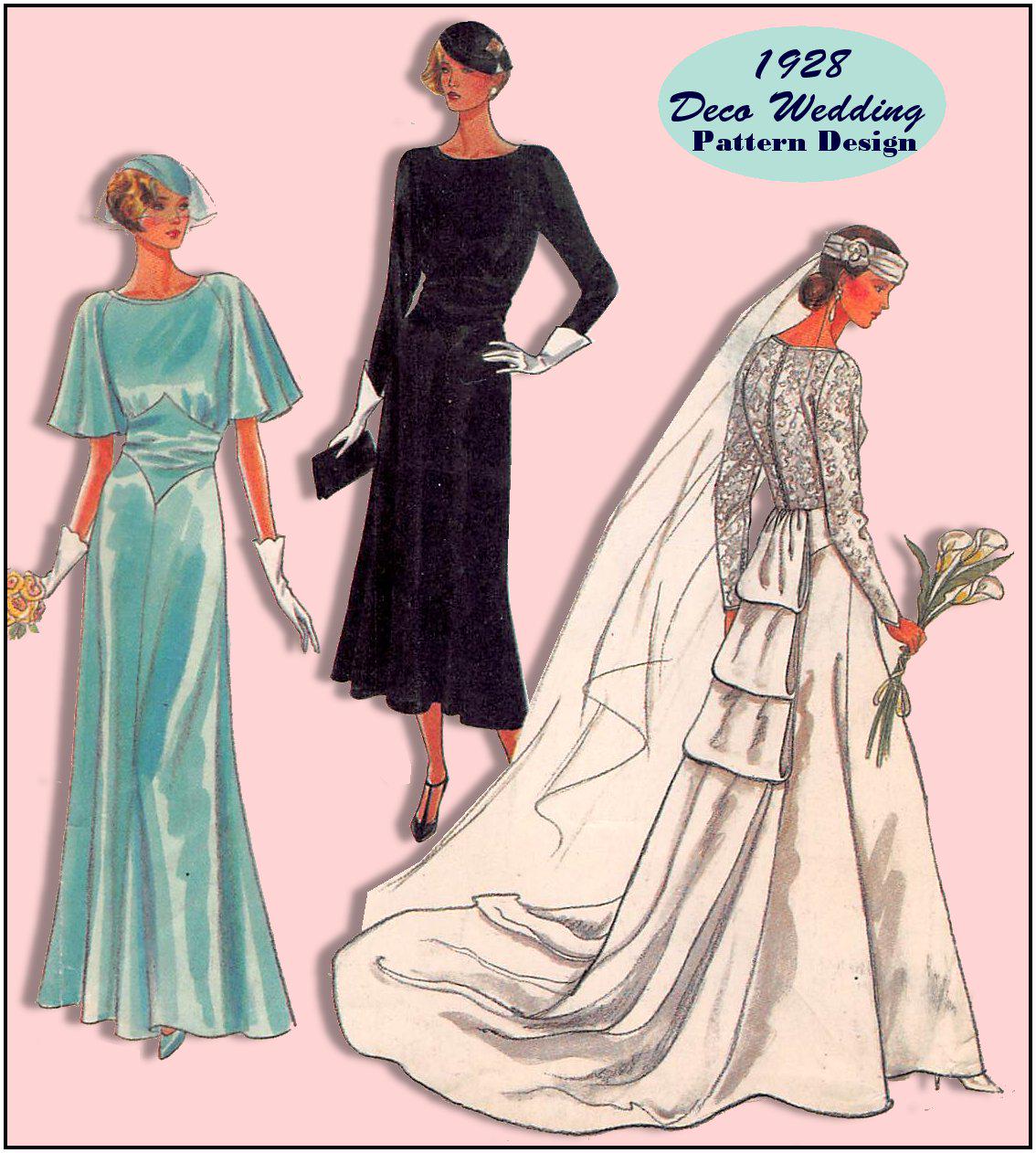 1928-DECO WEDDING Gowns-re-issue -sewing Pattern-three Styles-lovely  Wedding Gown With Train-bridesmaid's Dress-uncut-size 16-22-rare