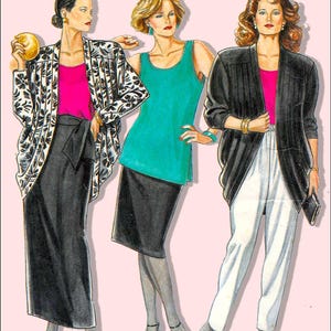 May include: Illustration of three figures in 1980s fashion. One figure wears a black and white floral print jacket over a pink top and black skirt. Another wears a teal tank top and black skirt. The third wears a black jacket over a pink top and white pants.
