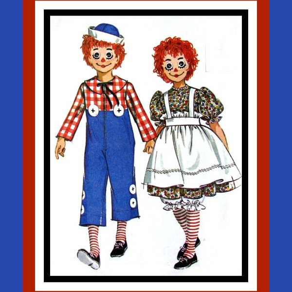 Vintage 1964-RAGGEDY ANN & ANDY-Disfraces para niños-Patrón de costura Unqiue Media máscara- Peluca-Armario completo- Tamaño 10-12- Raro