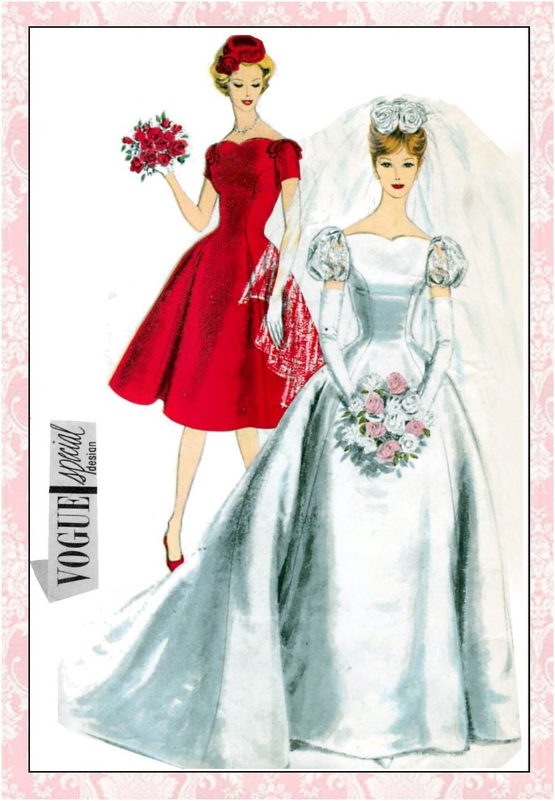 May include: A vintage illustration of two women in wedding attire. The woman on the left is wearing a red dress with a white hat and holding a bouquet of red roses. The woman on the right is wearing a white wedding dress with a veil and holding a bouquet of white and pink roses. The illustration is titled "Vogue Special Design".