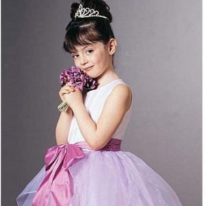 May include: A young girl wearing a white sleeveless dress with a pink sash and a purple tulle skirt. She is holding a bouquet of purple flowers and wearing a tiara.