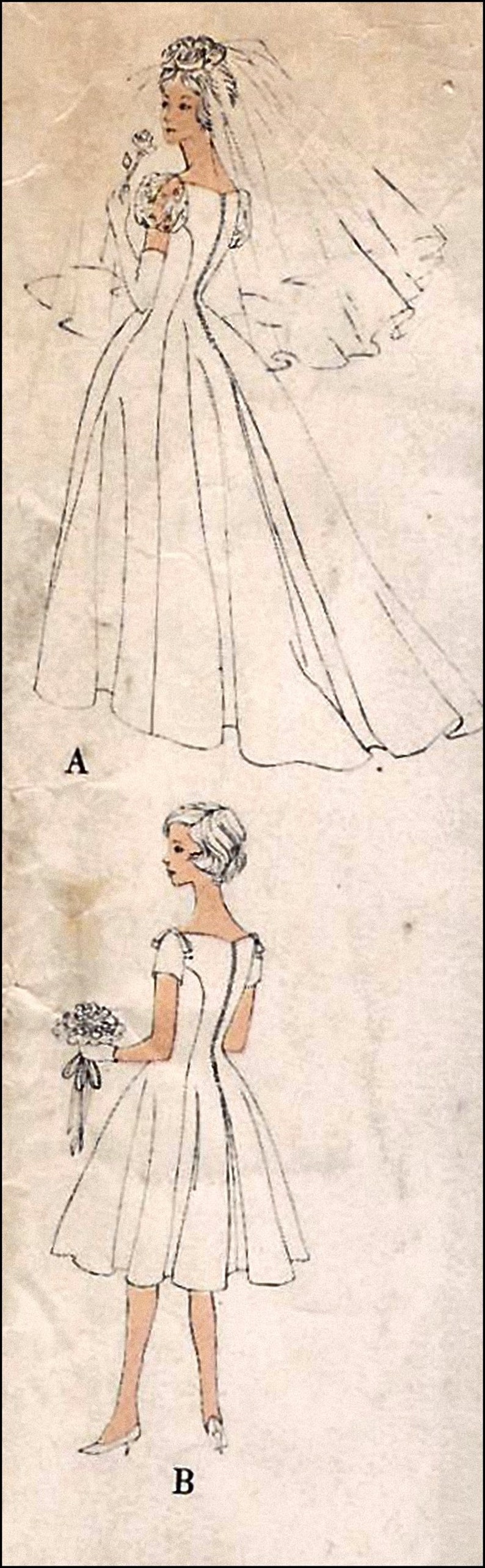 May include: A black and white line drawing of two wedding dresses. The top dress is a full-length gown with a veil. The bottom dress is a shorter dress with a bouquet of flowers.