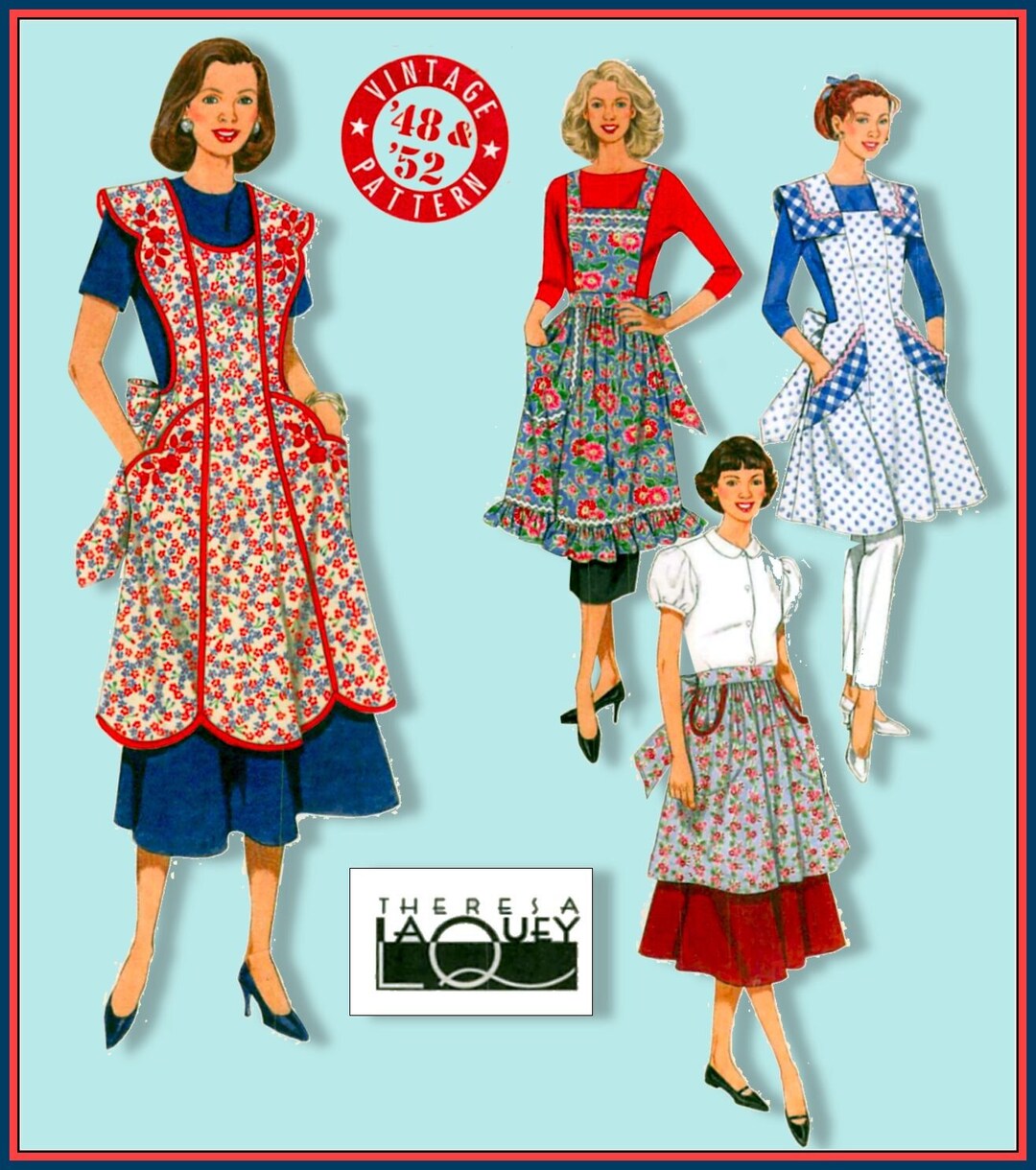 HAPPY HOUSEWIFE Aprons designer Sewing Pattern four Mid century Retro