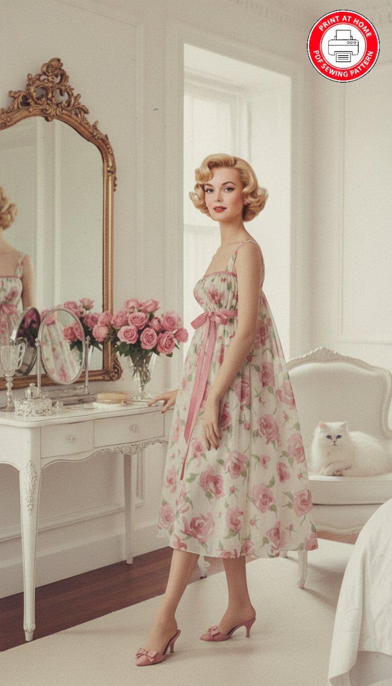 May include: A vintage-style dress with a floral print of pink roses and a matching pink ribbon. The dress is worn with pink heels. A white cat sits on a chair in the background. The image also includes a vanity with a mirror and a vase of pink roses.