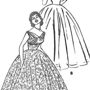 May include: Black and white illustration of two vintage dresses. One dress features a patterned bodice and full skirt, while the other has a simpler design. Both dresses are depicted with elegant silhouettes.