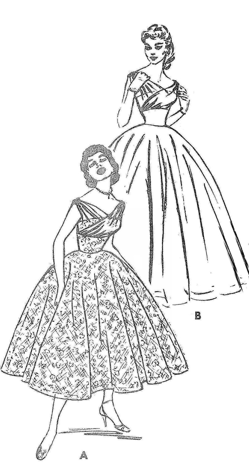 May include: Black and white illustration of two vintage dresses. One dress features a patterned bodice and full skirt, while the other has a simpler design. Both dresses are depicted with elegant silhouettes.