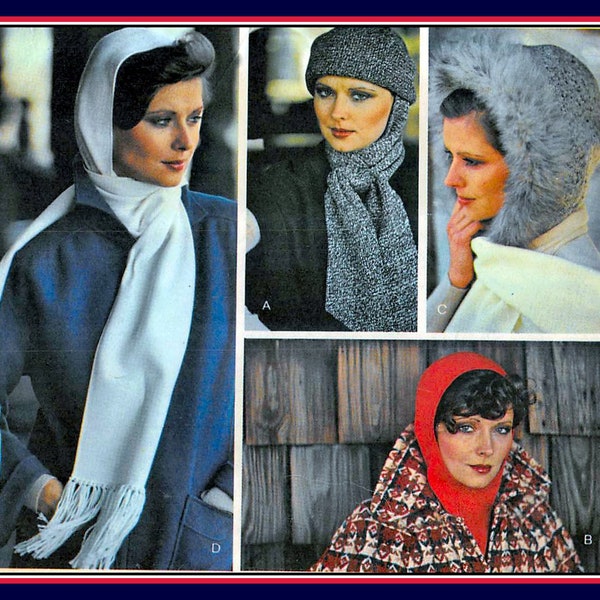 Vintage 1974-VOGUE HAT-HOODS-Sewing Pattern-Four Styles-Faux Fur Trim-Scarf-Knits-Featured in Vogue Pattern Magazine-One Size-Uncut-Rare