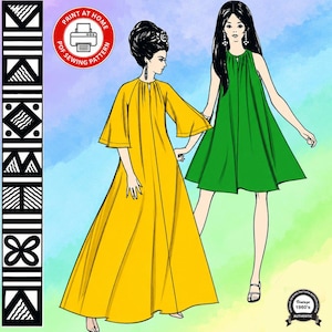 May include: A digital illustration of two figures wearing dresses. One wears a floor-length yellow dress with bell sleeves, the other a knee-length green sleeveless dress. A red circular badge reads PRINT AT HOME PDF SEWING PATTERN.