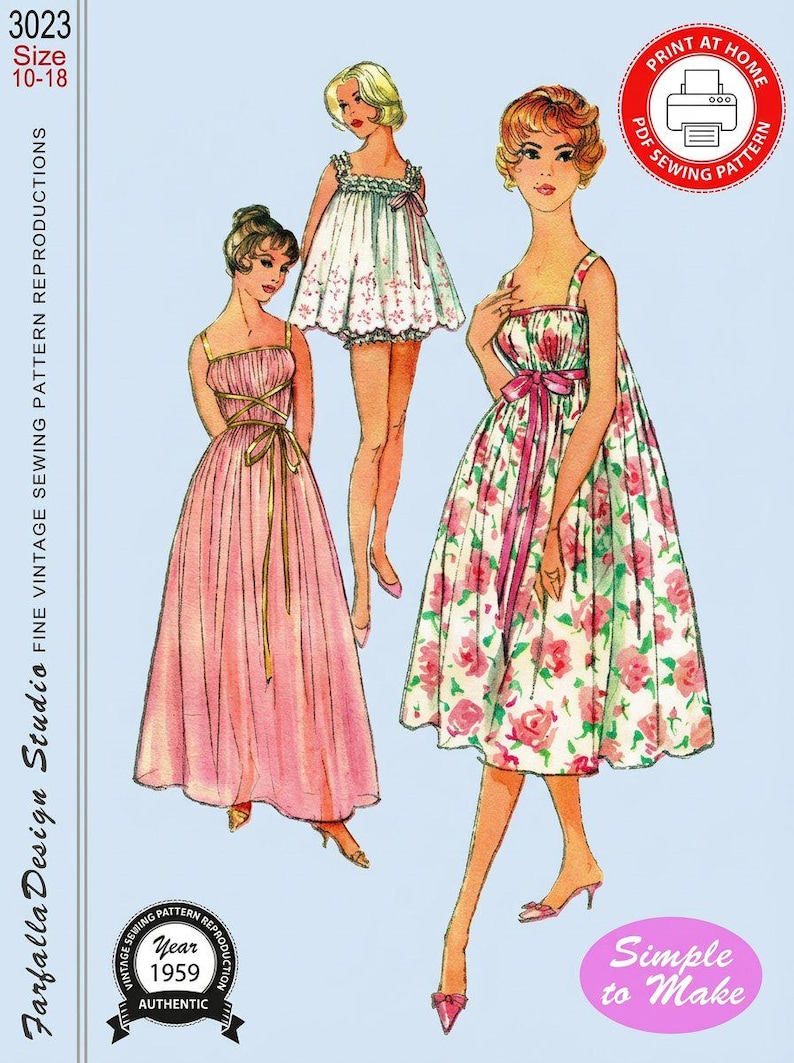 1959-DREAMY NIGHTGOWNS-Print-At-Home & Large AO Print-Sewing Pattern-Three Elegant Styles-Simple To Make-Size 10-18-Instant Download image 1