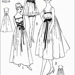 May include: Black and white illustration of vintage dresses. The image features three full-length dress designs, each with a unique silhouette and detailing, including a bow and spaghetti straps. The number "3023" is in the upper right corner.