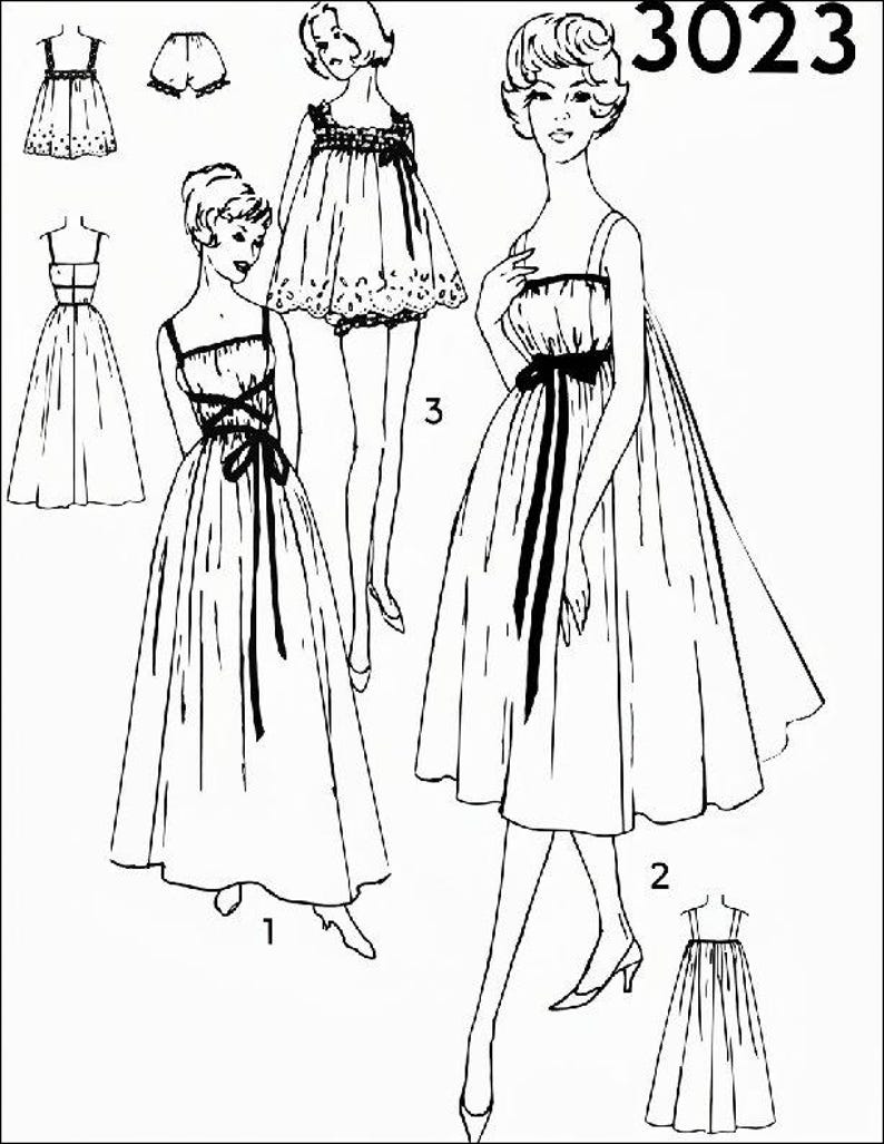 May include: Black and white illustration of vintage dresses. The image features three full-length dress designs, each with a unique silhouette and detailing, including a bow and spaghetti straps. The number "3023" is in the upper right corner.