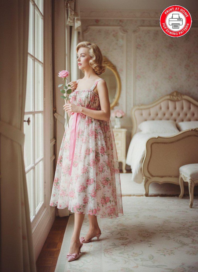 May include: A woman in a floral print dress with a pink ribbon sash stands by a window, holding a pink rose. The dress features a white background with pink rose patterns. The image includes a bedroom setting with a bed and a "Print at Home PDF Sewing Pattern" logo.
