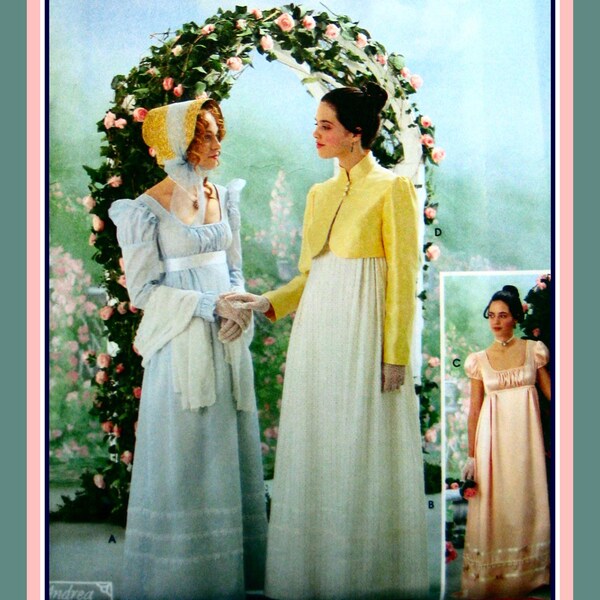 REGENCY ERA Empire Waist Gowns-Three Styles-Designer Sewing Pattern-Cropped Spencer Jacket-Leg-O-Mutton Sleeves-Train-Uncut-Size 4-10-Rare