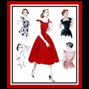 1953-FLIRTY PARTY DRESS-Sewing Pattern-Five Lovely Styles-Shoulder Tie End--Fitted Bias Bodice-Full Twirl Flirt Skirt-Uncut-Size 6-14