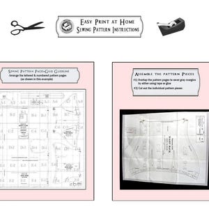 May include: A sewing pattern instruction sheet with a grid showing how to arrange the pattern pieces. The text reads "Sewing Pattern Pages-Grid Guideline" and "Arrange the lettered & numbered pattern pages (as shown in this example)". The second image shows a pattern piece for a waist back.