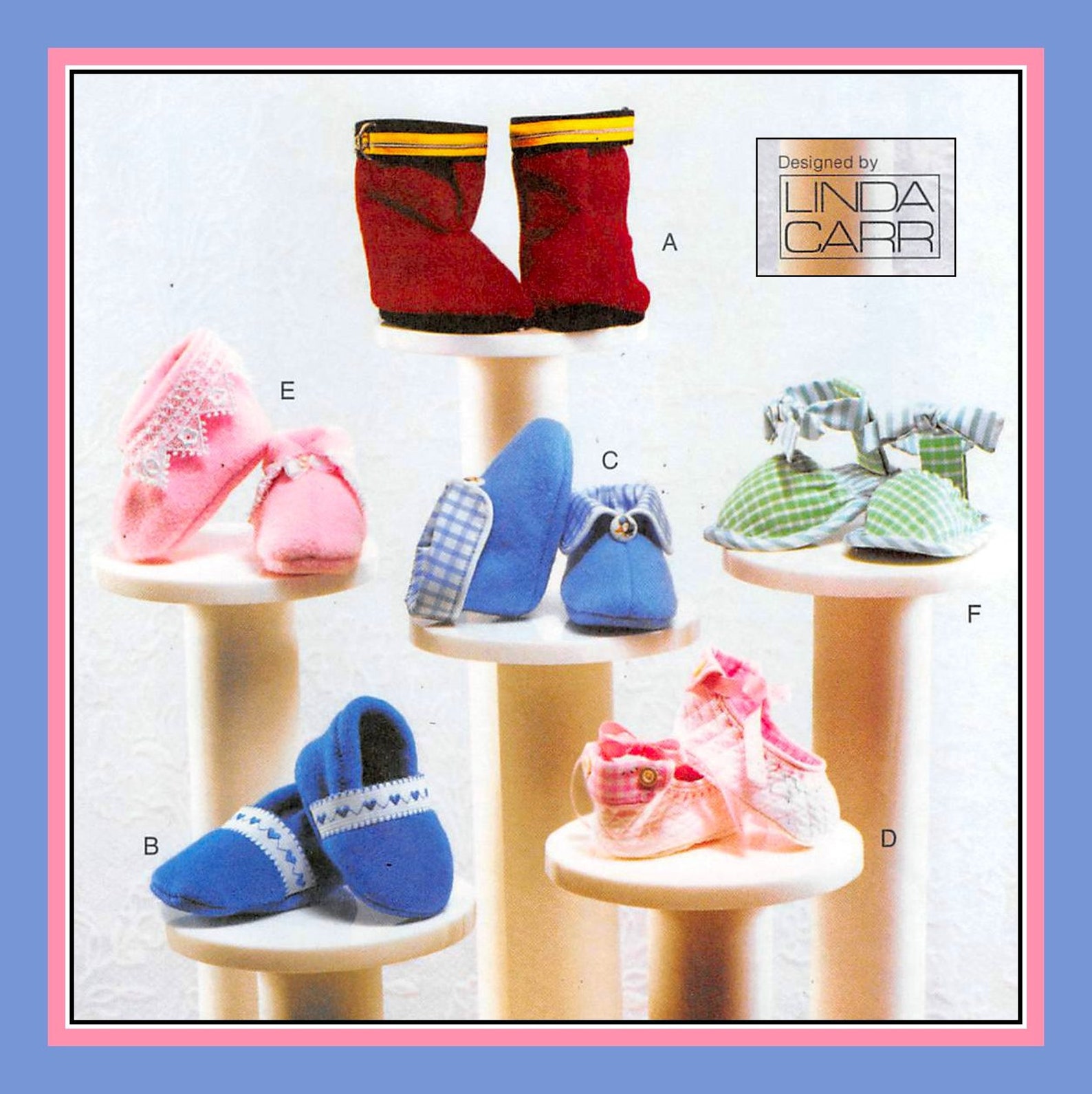 designer baby booties-vogue sewing pattern-six styles-ballet slipper-cuffed booties-sandal-fireman boots-uncut-size newborn-9 mo