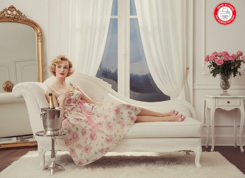 May include: A woman in a floral dress reclines on a white chaise lounge, holding a champagne glass. A silver champagne bucket and bottle sit on a small table. The room features a large mirror, white curtains, and a vase of pink roses.