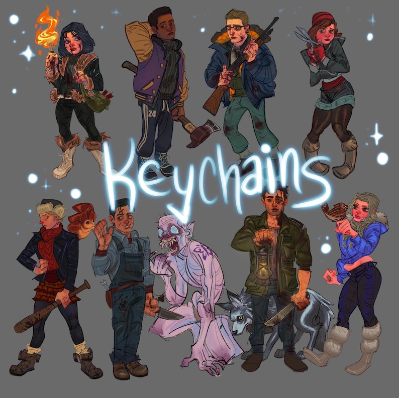 Puede incluir: Ilustraci&oacute;n de varios llaveros de personajes. Los personajes est&aacute;n representados en un estilo de dibujos animados, cada uno sosteniendo un arma o herramienta. La palabra "Keychains" est&aacute; escrita en una fuente azul brillante en la imagen.