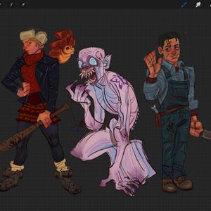 Puede incluir: Ilustraci&oacute;n digital de tres personajes estilizados. Una persona con un bate, una criatura con dientes afilados y una persona con un cuchillo. La paleta de colores incluye azules, rosas y marrones.