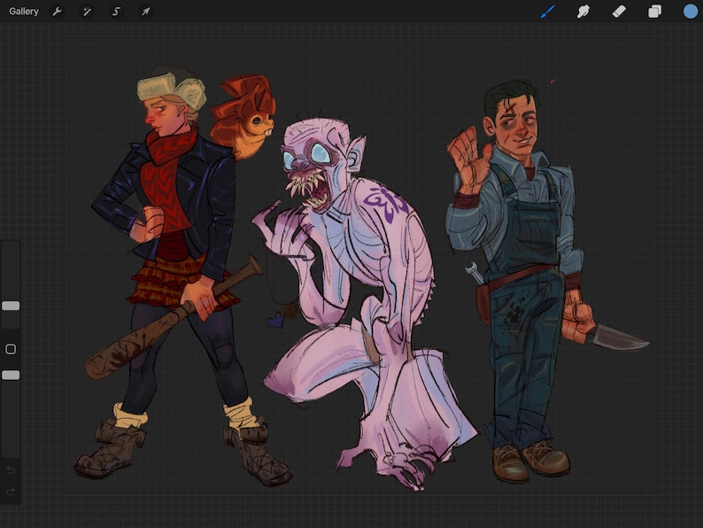 Puede incluir: Ilustraci&oacute;n digital de tres personajes estilizados. Una persona con un bate, una criatura con dientes afilados y una persona con un cuchillo. La paleta de colores incluye azules, rosas y marrones.