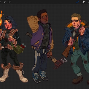 Puede incluir: Ilustraci&oacute;n digital de tres personajes, cada uno con un arma. El primero sostiene una antorcha, el segundo un hacha y el tercero un rifle. Los personajes visten atuendos variados, con un tema oscuro y postapocal&iacute;ptico.