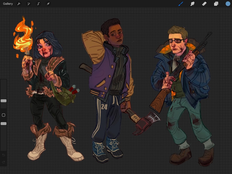 Puede incluir: Ilustraci&oacute;n digital de tres personajes, cada uno con un arma. El primero sostiene una antorcha, el segundo un hacha y el tercero un rifle. Los personajes visten atuendos variados, con un tema oscuro y postapocal&iacute;ptico.