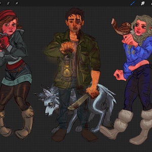 Puede incluir: Ilustraci&oacute;n digital de tres figuras, cada una con un lobo. Una figura sostiene unas tijeras, otra una linterna y la tercera un p&aacute;jaro. La paleta de colores incluye rojo, azul y verde, creando una atm&oacute;sfera oscura.