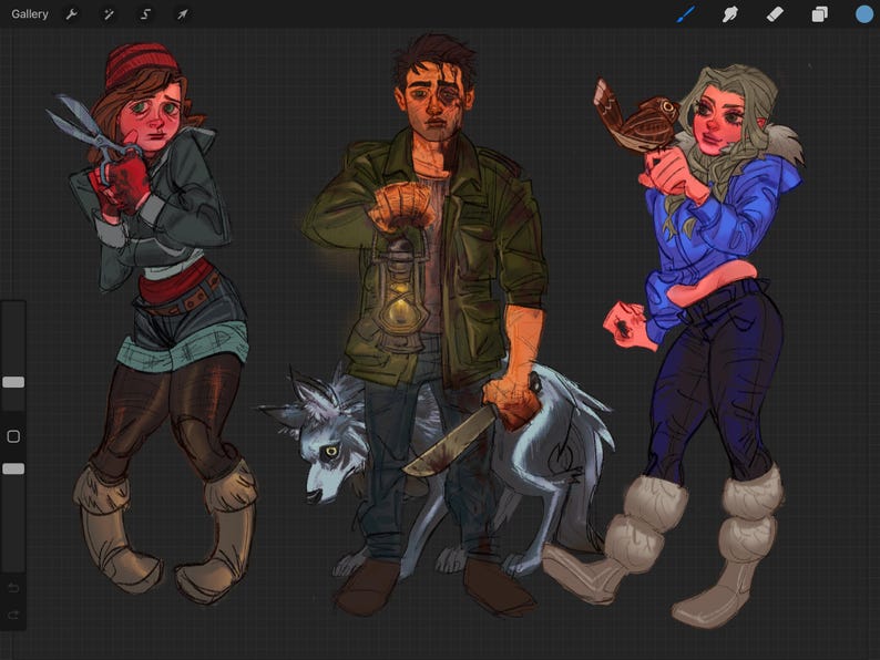 Puede incluir: Ilustraci&oacute;n digital de tres figuras, cada una con un lobo. Una figura sostiene unas tijeras, otra una linterna y la tercera un p&aacute;jaro. La paleta de colores incluye rojo, azul y verde, creando una atm&oacute;sfera oscura.