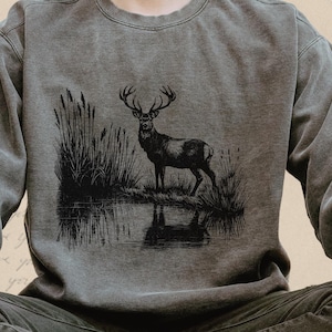 Retro Deer Wilderness Scene Sweatshirt - Nineties Vintage Buck And Doe Deer Outfit - Boho Unisex Crewneck Sweatshirtdeer 11