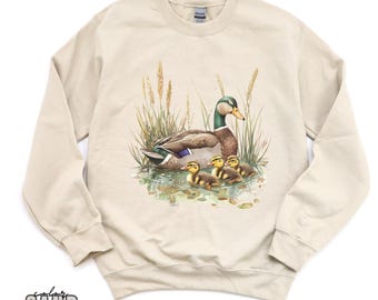 Retro Stockenten Enten Familie Sweatshirt, Herbst Teich Szene Rundhalsausschnitt