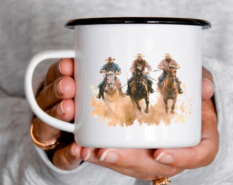 Taza de camping esmaltada Cowboy Riders, taza de café de rodeo occidental