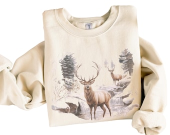 Retro Deer Wilderness Scene Sweatshirt - Nineties Vintage Buck And Doe Deer Outfit - Boho Unisex Crewneck Sweatshirt