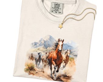 Comfort Colors® Wild Horse Watercolor Shirt, Vintage Western Cowboy Tee, Running Mustang Herd Graphic, Nature Desert Unisex T-Shirt