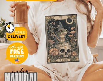 The Wizard Tarot Personalize TShirt, Witchy Frog Oracle Card Shirt, Trendy Goblincore Clothing, Mushroom Cottagecore Tarot Lover Gift