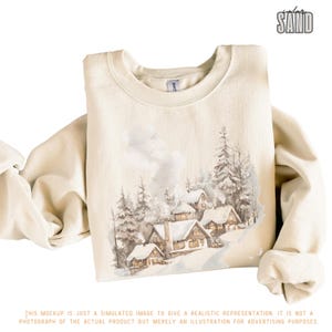 Retro Christmas Winter Village Sweatshirt - Nineties 90s Mountain Pine Trees Decorated Cabins Outfit - Boho Unisex Crewneck Sweatshirt