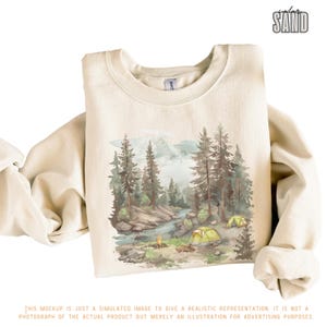 Retro Camping Forest Tent Wilderness Sweatshirt - 90s Mountain Pine Trees Outdoor Adventure Outfit - Boho Unisex Crewneck Sweatshir