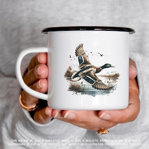 Mallard Duck Flying Camping Mug - Duck Hunting Coffee Cup - Rustic Wildlife Enamel Mug - Gift for Hunters & Nature Lovers