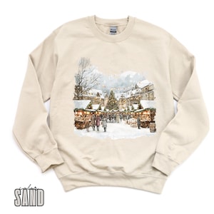 Retro Christmas Winter Village Sweatshirt - Nineties 90s Mountain Pine Trees Decorated Cabins Outfit - Boho Unisex Crewneck Sweatshirt