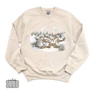 Retro Christmas Winter Village Sweatshirt - Nineties 90s Mountain Pine Trees Decorated Cabins Outfit - Boho Unisex Crewneck Sweatshirt