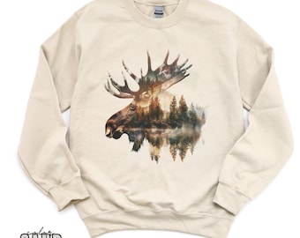Retro Bull Moose Wilderness Scene Sweatshirt, Youth sweatshirt - 90s Moose Wildlife Sweatshirt -  Creek - Unisex Graphic Crewneck Sweatshirt