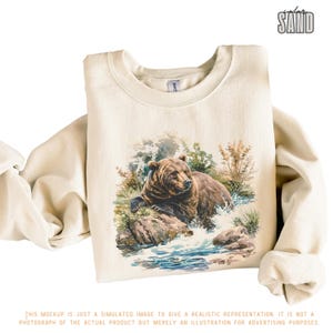 Moletom retrô com estampa de ursos pardos e cenas selvagens - Traje vintage de urso pardo dos anos 90 - Moletom boho unissex com gola redonda