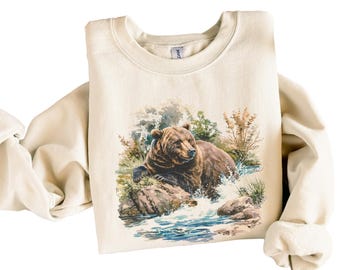Retro Grizzly Bears Wilderness Scene Sweatshirt - Nineties 90s Vintage Brown Bear Outfit - Boho Unisex Crewneck Sweatshirt