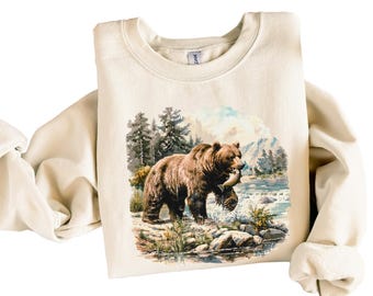 Retro Grizzly Bears Wilderness Scene Sweatshirt - Nineties 90s Vintage Brown Bear Outfit - Boho Unisex Crewneck Sweatshirt