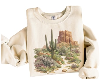 Vintage Desert Cactus Sweatshirt - Retro Western Desert Scene Crewneck - Southwest Nature Graphic Pullover - Boho Cactus Lover Gift