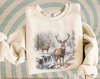 Retro Deer Wilderness Scene Sweatshirt - Nineties Vintage Buck And Doe Deer Outfit - Boho Unisex Crewneck Sweatshirtdeer