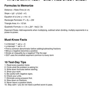 Może przedstawiać: Biała karta do nauki zatytułowana KYOTE MATH TEST - ONE PAGE STUDY SHEET. Zawiera wzory na odległość, nachylenie, równania linii, obwód, pole i równania kwadratowe, a także fakty matematyczne oraz dziesięć wskazówek.